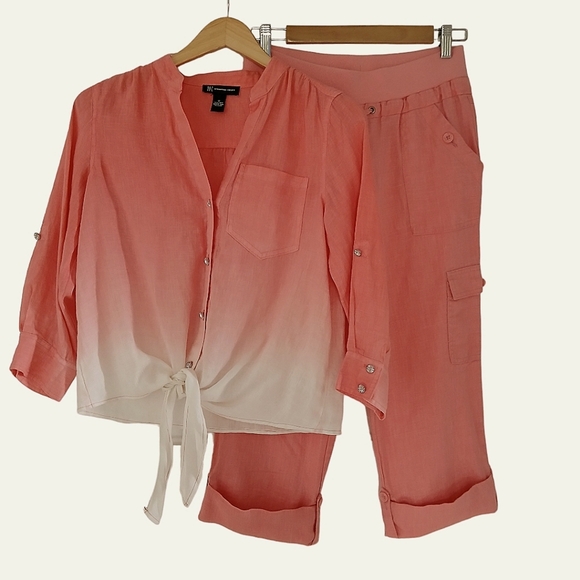 SOLD International Concepts Cargo Pant and Top Set 100% Linen Ombre Salmon/White - Picture 2 of 14